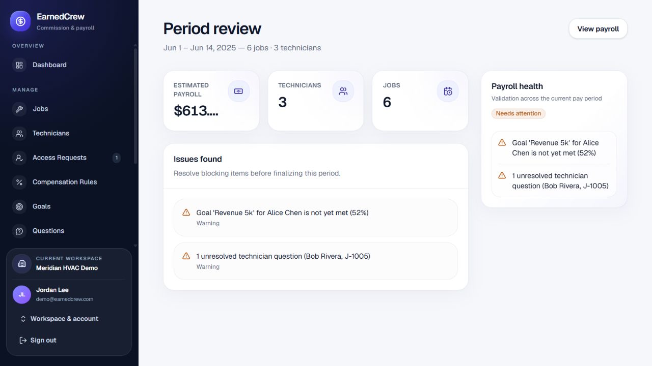 EarnedCrew payroll review screen with health score, validation issues, technician questions, and payout totals